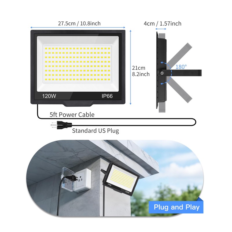 120W LED Flood Light Outdoor with Plug, 14400Lm Super Brighter