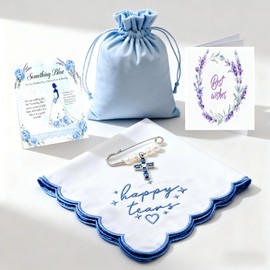 XYZRTLON Something Blue Cross Bridal Bouquet Charm Embroidered Happy Tears Handkerchief Set Religious Wedding Gift for Bride Bride to Be Mother Bridesmaid Wedding Registry Must Have Decor Keepsake