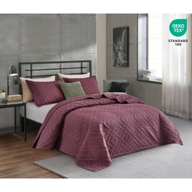 CHIXIN Quilt King Size - Geometric Pattern Bedspread Coverlet Set - Modern & Contemporary Style Bedding Cover, Ultrasonic Quilting, Reversible, Lightweight, 4 Piece, Burgundy & Wisteria