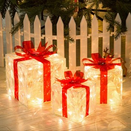 GlobaLink LED Gift Boxes Christmas 3, Christmas Decoration with Lighting Christmas Decoration Boxes with Timer 8 Modes Warm White Illuminated Christmas Decoration for Indoor Christmas Tree Power Operated