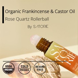 SATORIE Organic Castor & Frankincense Oil with Rose Quartz Rollerball - USDA Certified Essential Blend Oil Roll-On, Time Eraser Rollerball, for Face, Under Eyes, Anti-Aging, Dark Circles