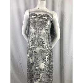 New Creations Fabric And Foam Inc LACE FABRIC-SHINY SEQUINS EMBROIDERY MESH DAMASK DESIGN-GRAY-54