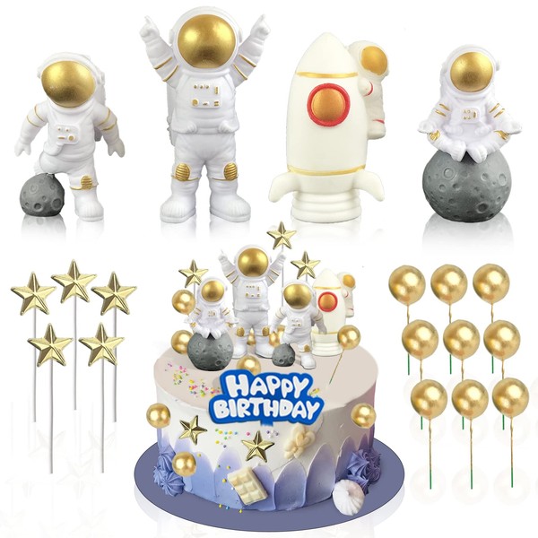 Juego de 18 decoraciones para tartas de astronauta, decoración de tartas en el espacio exterior, figura de astronauta, decoración de cohete con estrellas y bolas de perlas para fiestas temáticas de astronautas, decoración de mesa de cumpleaños de niños (