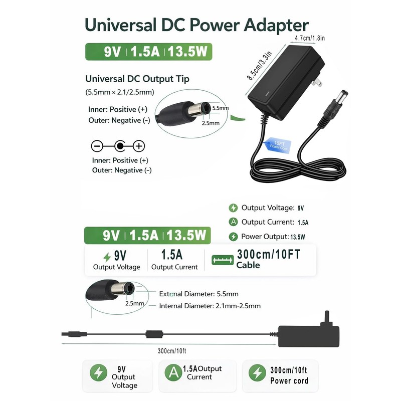 9V 1.5A 13.5W AC DC Power Supply Adapter 10ft Cord