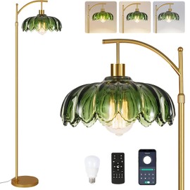 ILLMTW Gold Floor Lamp for Living Room,Bedroom,Mid Century Modern Standing Lamp with Remote,Dimmable Brass Tall Lamp Vintage Retro Green Glass Lamp Arc Floor Lamps Flower Floor Light Boho Bohemian