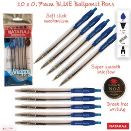 NATARAJ Snappy Ballpoint Pens, Retractable, BLUE, 0.7mm Fine Point, Pack of 10, Smooth Writing, Perfect School Office Home Use, ZOFAX Black Ball Pen