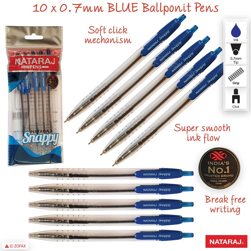 NATARAJ Snappy Ballpoint Pens, Retractable, BLUE, 0.7mm Fine Point, Pack