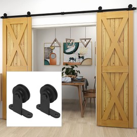 BONIKLUBA 5FT Sliding Barn Double Door Hardware Cabinet Closet Track Kit Top Mount T Rollers Hangers Set for 2 Doors Black