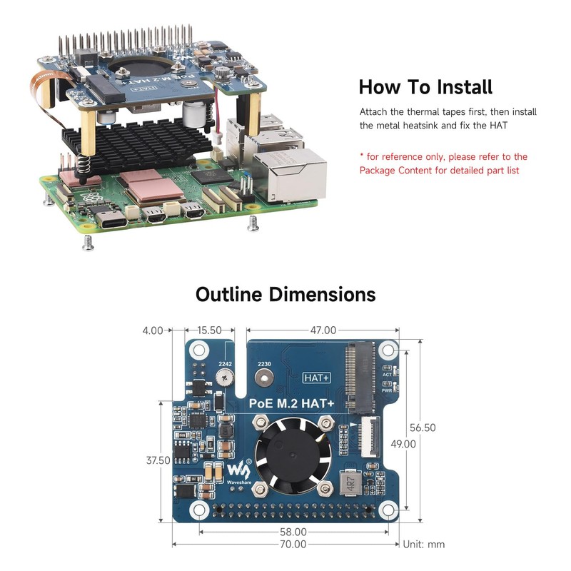 Waveshare PCIe to M.2 HAT+ Adapter with PoE Compatible with