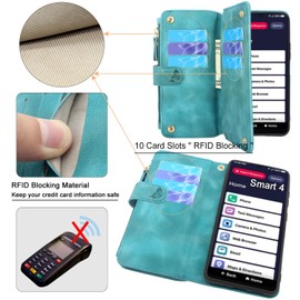 Lacass Case for Jitterbug Smart4,[Cards Theft Scan Protection] Card Holder Zipper Wallet Case Flip Leather Cover for Jitterbug Smart 4 (2023) for Seniors (aka Lively Smart) (Floral Blue Green)