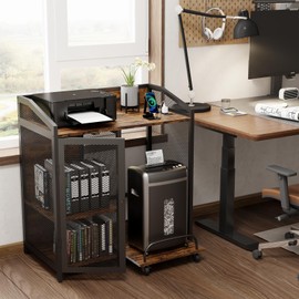 EasyCom Printer Stand with Charging Station and Paper Shredder Stand – 3 Tier Lateral Printer Table with Open Storage Shelves- Printer Shelf for Office Home Use with Adjustable Shelves and Mesh Door