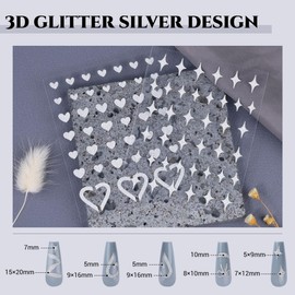 Sinyanail 12 Sheets 3D Glitter Silver Nail Art Stickers Self-Adhesive Nail Decals Supplies French Stripe Line Snow Star Heart Butterfly Bear Stickers with Tweezer(Shiny Silver)