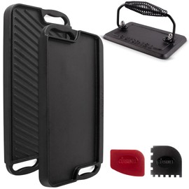 Cuisinel Cast Iron Griddle/Grill + Burger Press + Pan Scrapers - Reversible Pre-Seasoned 20" X 10" Dual Handle Flat Skillet + Griller Pan + Cleaning Accessories - Use Indoor/Outdoor Stove Burner, Gas