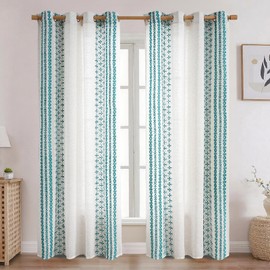 Blue Boho Curtains 2 Panels for Bedroom Teal Curtains 96 Inches Long Farmhouse Geometric Embroidered Drapes for Living Room Turquoise Bohemian Light Filtering Grommet Window Treatments Teal on Ivory