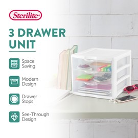 Sterilite 4-Pack 3 Drawer Unit, Plastic Desktop Organizer with Clear Drawers, White Frame - Stackable Multi-Purpose Storage for Office Supplies, Craft Rooms, Classrooms and Home Organization