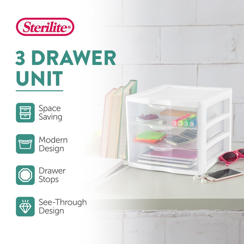 Sterilite 4-Pack 3 Drawer Unit, Plastic Desktop Organizer with Clear