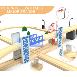 Wooden Train Set Accessories Wood Railway Bridge for Railroad Tracks, 2-Level Overpass Compatible for All Railway Tracks System