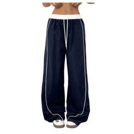 OYOANGLE Women's Baggy Track Pants Side Striped Drawstring Waist Y2K Wide Leg Sweatpants Dark Blue Medium