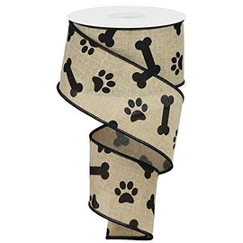 Paw Print & Dog Bone Wired Edge Ribbon, 10 Yards (Light Beige, Black, 2.5 Inch)