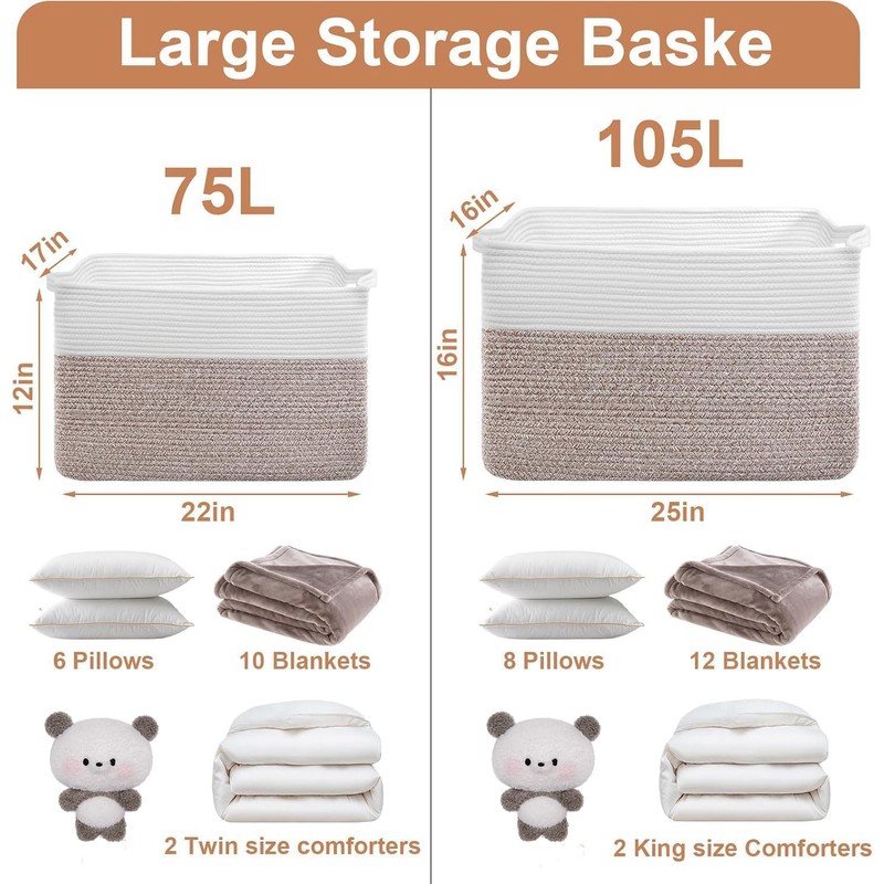 75L Large Blanket Storage Basket with Handles - White &