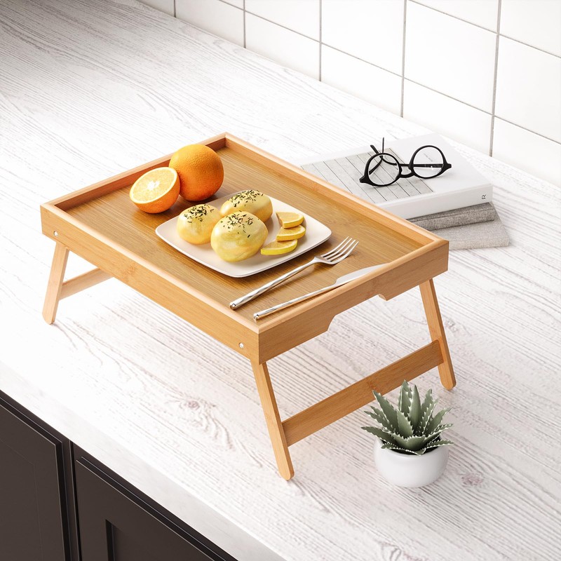 Fibogollo 2 Pack Bamboo Bed Tray Table with Folding Legs,Breakfast
