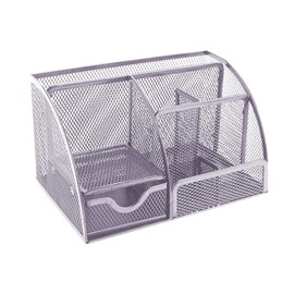 Desk Organiser, Mesh Metal Office Shelf with Pen Holders & Drawer, 6 Sorting Compartments for Pens, Pen Holder, Stapler, Sticky Notes, Office Organiser (Silver)