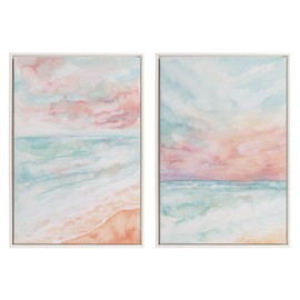 Kate and Laurel Sylvie Beaded All is Calm and Sky and Sea Vintage Framed Canvas Wall Art Set by Julie Maida, 2 Piece Set 23x33 White, Coastal Watercolor Art for Wall
