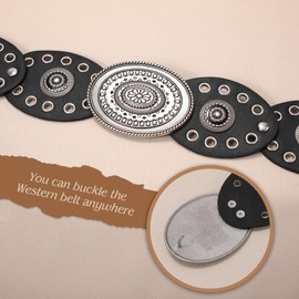 WHIPPY Women Disc Concho Leather Belt Western Wide Hollow Belt Vintage Boho Oval Waist Belt for Music Festival Dress Jeans, Black, Fit Waist Size Up to 46"