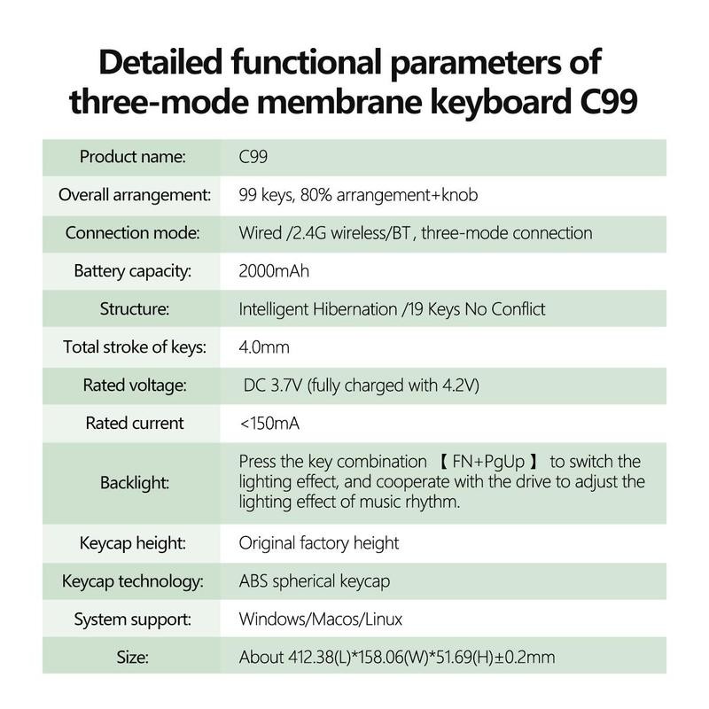 Lecoo C99 Keyboard, Wired/2.4G Wireless/BT Tri-mode Keyboard, Rechargeable Ergonomic Keyboard