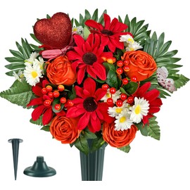 Naramiji Artificial Cemetery Flowers for Grave – Vibrant Rose Sunflower Daisy Berry Bouquet with Gravesite Vase for Headstone Decoration,Colorfast and Easy Fit