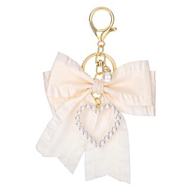 Apausvcm Pearl Bow Keychain, Beige Pink Bowknot & Pearl Keyring Charms Heart Keychains for Women Handbag Cute Purse Charms Pendant Bowknot Charm Keychain Accessories Gift for Car Keys