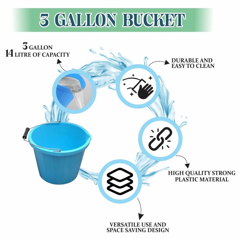 Set of 2- Blue Plastic Builders Bucket 3 Gallon 14