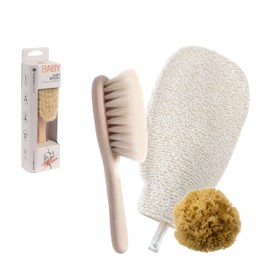 Baby Bliss - Bed + Bath Newborn Gift Set - Natural Baby Brush + Mediterranean Sea Sponge + Bamboo Wash Mitt