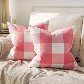 Phantoscope Pack of 2 Buffalo Check Plaid Throw Pillow Covers Farmhouse Plaid Pillow Covers Square Pillow Cases for Christmas Home Decor Pink,18 x 18 Inches