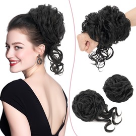 SEGO 2PCS Messy Bun Fluffy Tousled Updo Scrunchies 75g Synthetic Hair Bun Hair Piece Set For Women Easy Bun Hairpiece, Dark Black