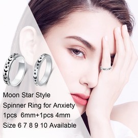 AmorArtSky Spinner Ring for Anxiety Relief Fidget: Anxiety Ring for Women Men, Titanium Stainless Steel Spinner Ring, 4MM 6MM, Size 6-10, Moon Star Fidget Ring-Silver, size 7, Metal, No Gemstone