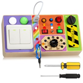 Busy Board Montessori Toys for 1-3 Years Old, Wooden Sensory Board Switch Toy with 19 LED Light, Switch Toys, Button Toy, Travel Activity Educational Learning Toddler Toys for 1+ Year Old Boy and Girl