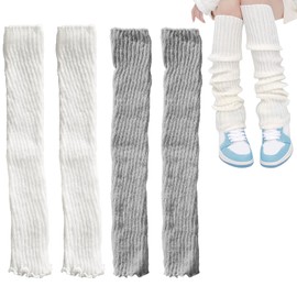 TOOINKCV 2 Pairs Knitted Leg Warmers for Women, Long Winter Leg Warmers, Leg Warmers for Women Girls, 80s Kawaii Crochet Leg Warmers Socks, White Grey