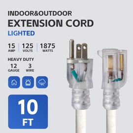 GreenProsper 10 FT White Extension Cord with Lighted End, 12 AWG 3 Prong Indoor Outdoor Heavy Duty Waterproof Power Cable for Major Appliance, 12/3 SJTW UL Listed