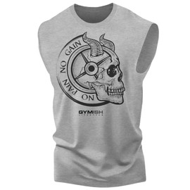 Gymish Lifestyle No Pain No Gain Skull Gym Lifting Motivation T-Shirts for Men (MED, No Pain Grey Muscle Tank Top)