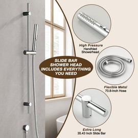 Tomfaucet Shower Slide Bar System, 35.4 Inch Shower Slide Bar Set, 3-Function High Pressure Slide Bar Handheld Shower Head with 70.8 Inch Stainless Steel Hose, Brass Outlet Elbow-Chrome