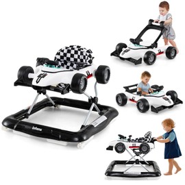 INFANS 4 in 1 Baby Walker, Foldable Toddler Activity Center with Adjustable Height, Padded Seat, Music, Light, Removable Tray, Push Walker for Girls Boys Aged 6-18 Months (Ivory)