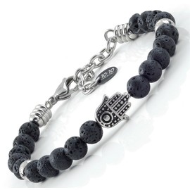 10:10 Bracelet made of hypoallergenic stainless steel, natural stone diameter 6 mm, hand of Fatima. Adjustable bracelet, made in Italy, Stainless Steel Stone
