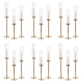 NUPTIO Candle Holders for Table Centerpiece: 18 Pcs 23.6 & 21.7 & 19.7 in Tall Gold Hurricane Candlesticks Holder with Glass Cylinder Cover Bulk Taper Candles Sticks Stand for Thanksgiving Party Decor