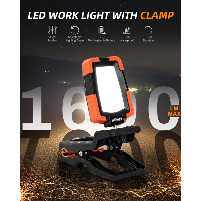 Anylight LED Rechargeable Work Light with Clamp,1600LM Magnetic Clip Work