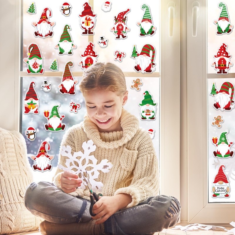 Whaline 46Pcs Christmas Thick Gel Clings Cute Xmas Gnome Design