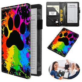 Dikoer Server Books for Waitress, Leather Waitress Notepad for Waitress with Zipper and 7 Large Pockets Pen Holder for Checks Pen Holder Personal Organizer Wallet Fit Serving Aprons, Dog Paw Prints