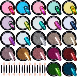 Duufin 22 Colors Nail Chrome Powder Pear Metallic Mirror Iridescent Aurora Nails Art Chrome Nail Powder with 22 Pcs Eyeshadow Sticks, 1g/Jar
