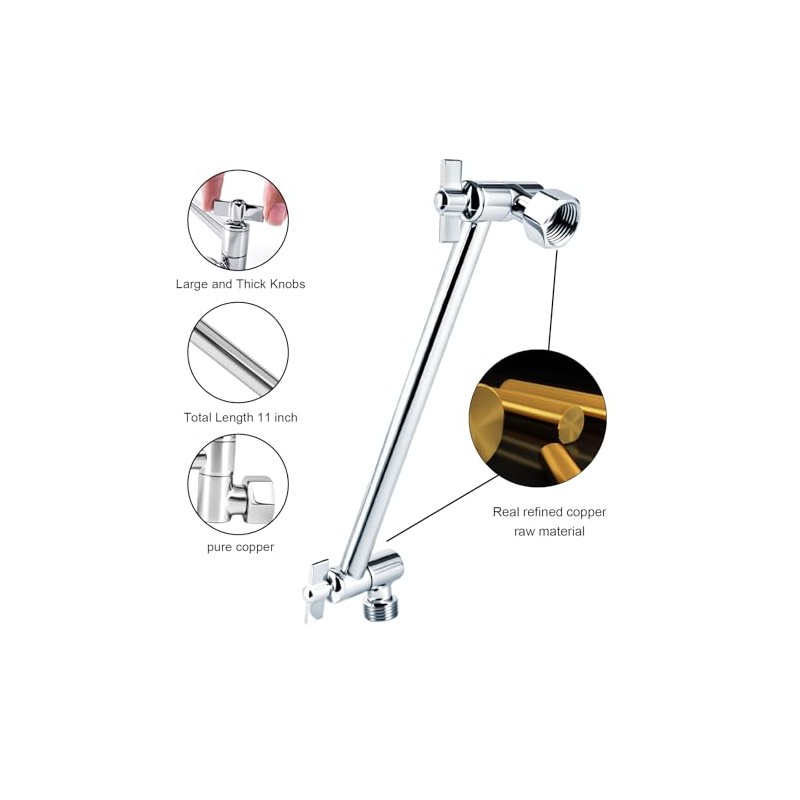 Heavy Duty Adjustable Shower Arm, 11" 100%Brass Extension with Gear