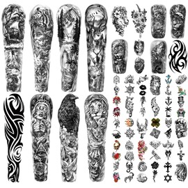 SOOVSY 46 Sheets Full Arm Temporary Tattoo for Men with Deer Eagle Flame Totem Boat Flower Half Arm for Women with Wolf Lion Daisy Fake Tattoos Stickers